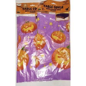 Lot of 2 Halloween Plastic Scalloped Table Cover 54”x 108” Purple w/Jack O'Lante